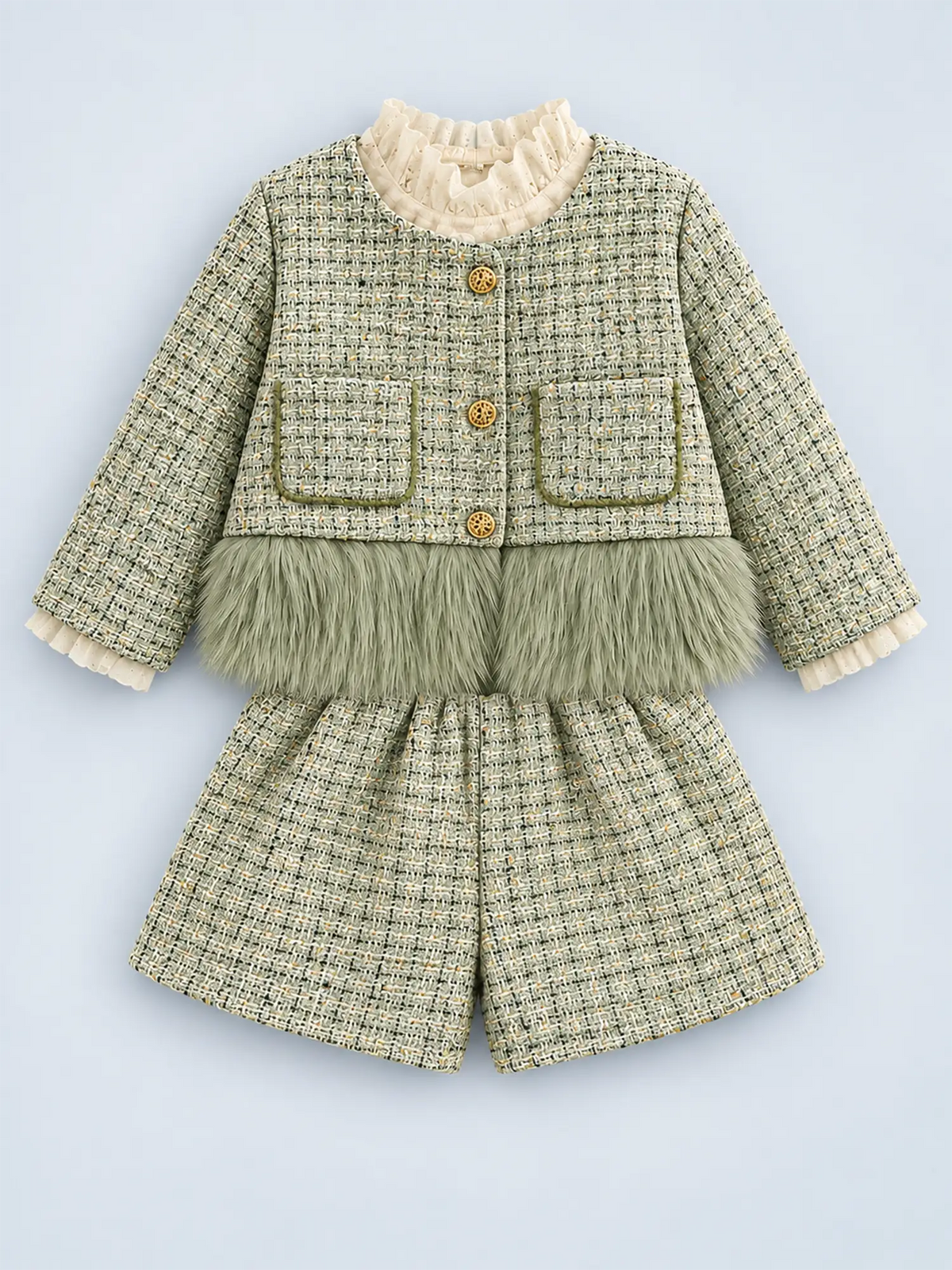 Olive  Fur Trim 2 pcs top & shorts Tweed Winterwear set for Girls