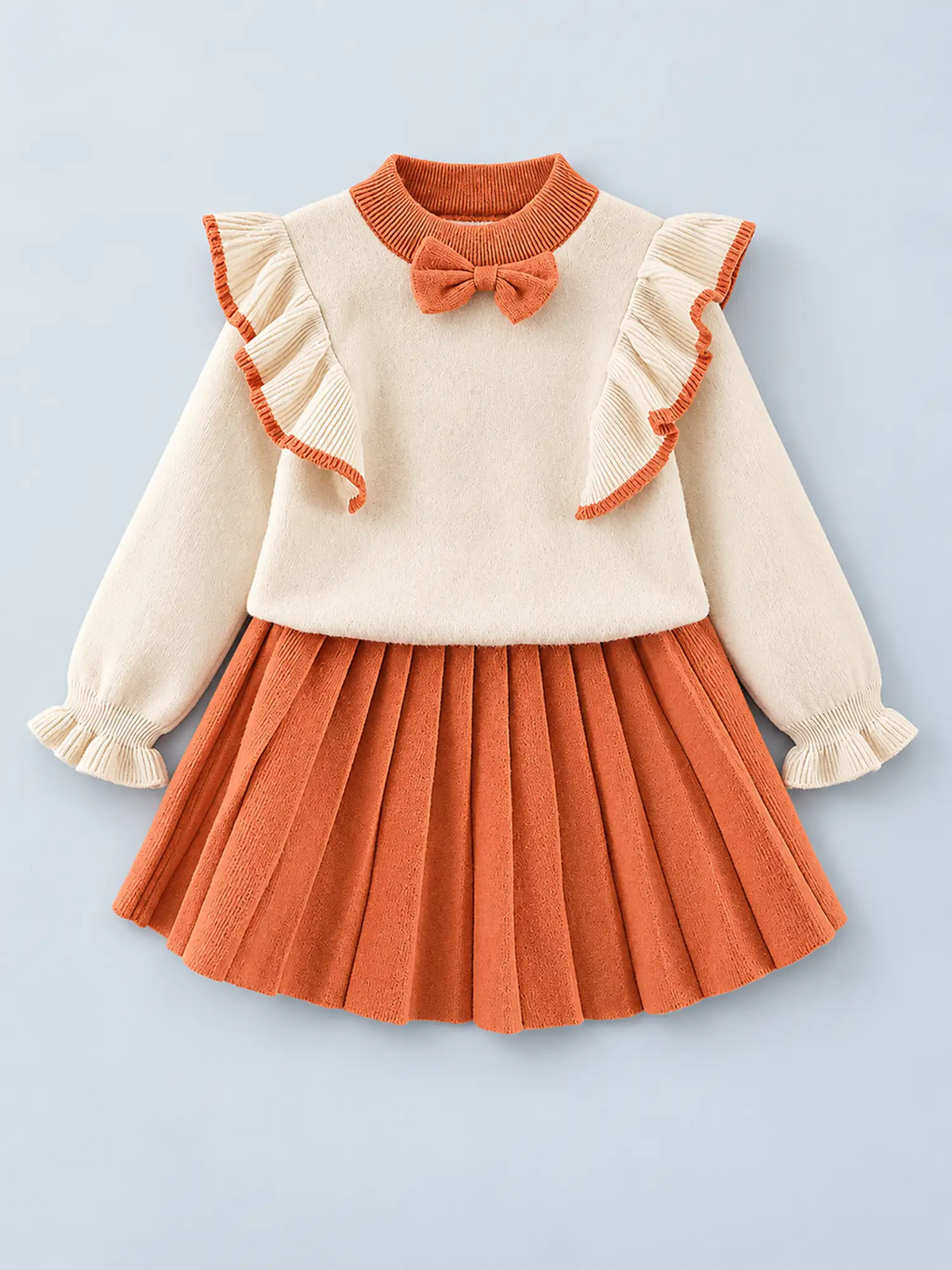 Orange Ruffled Shoulder 2 pcs sweatshirt & Skirt Winterwear set for Girls