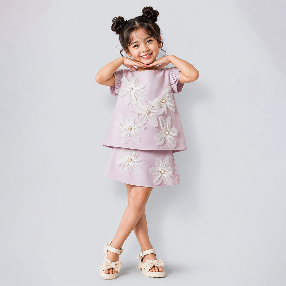 Peach 3D Floral Top & Skirt Partywear 2 Pcs Set for Girls