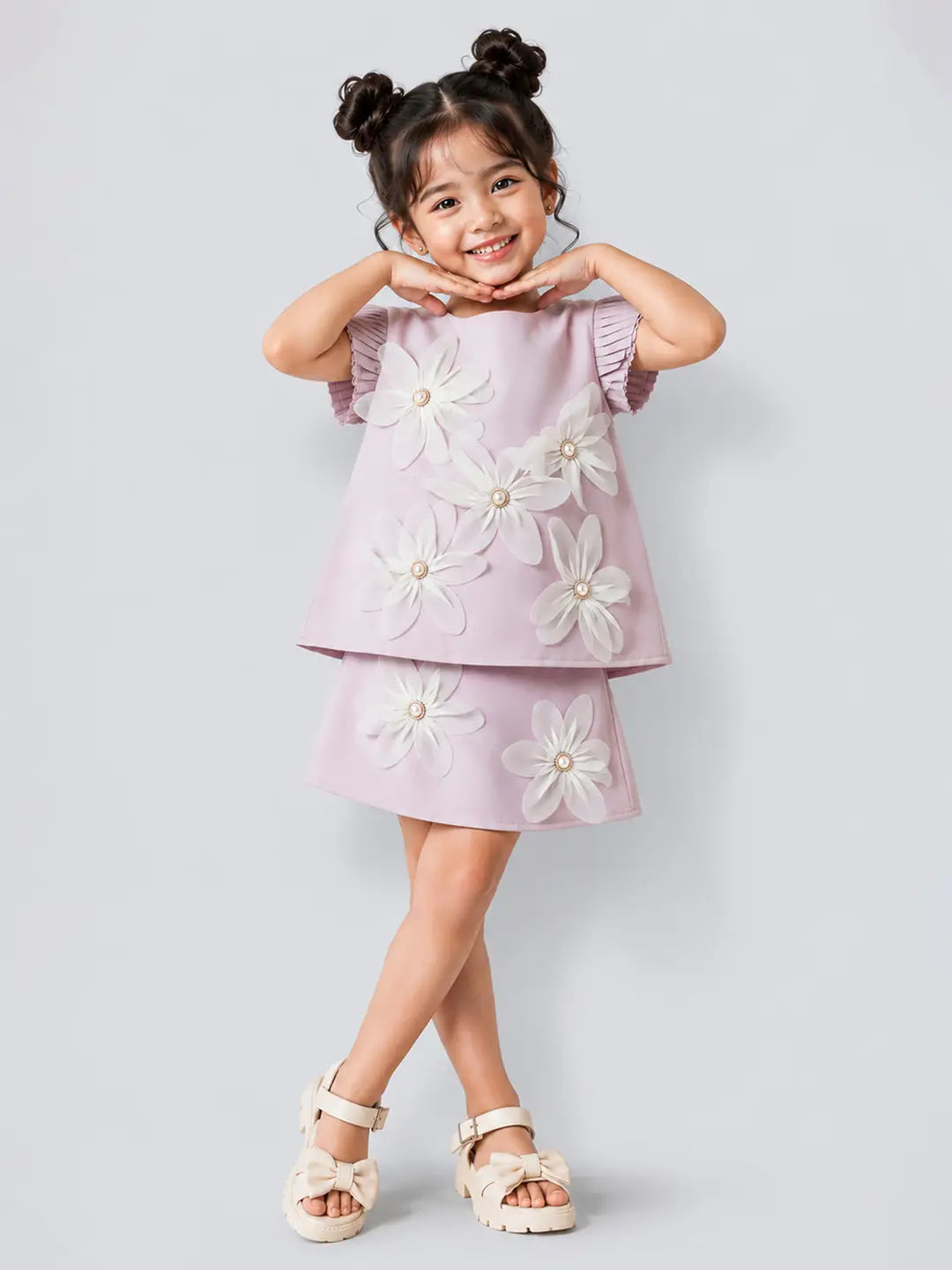 Peach 3D Floral Top & Skirt Partywear 2 Pcs Set for Girls