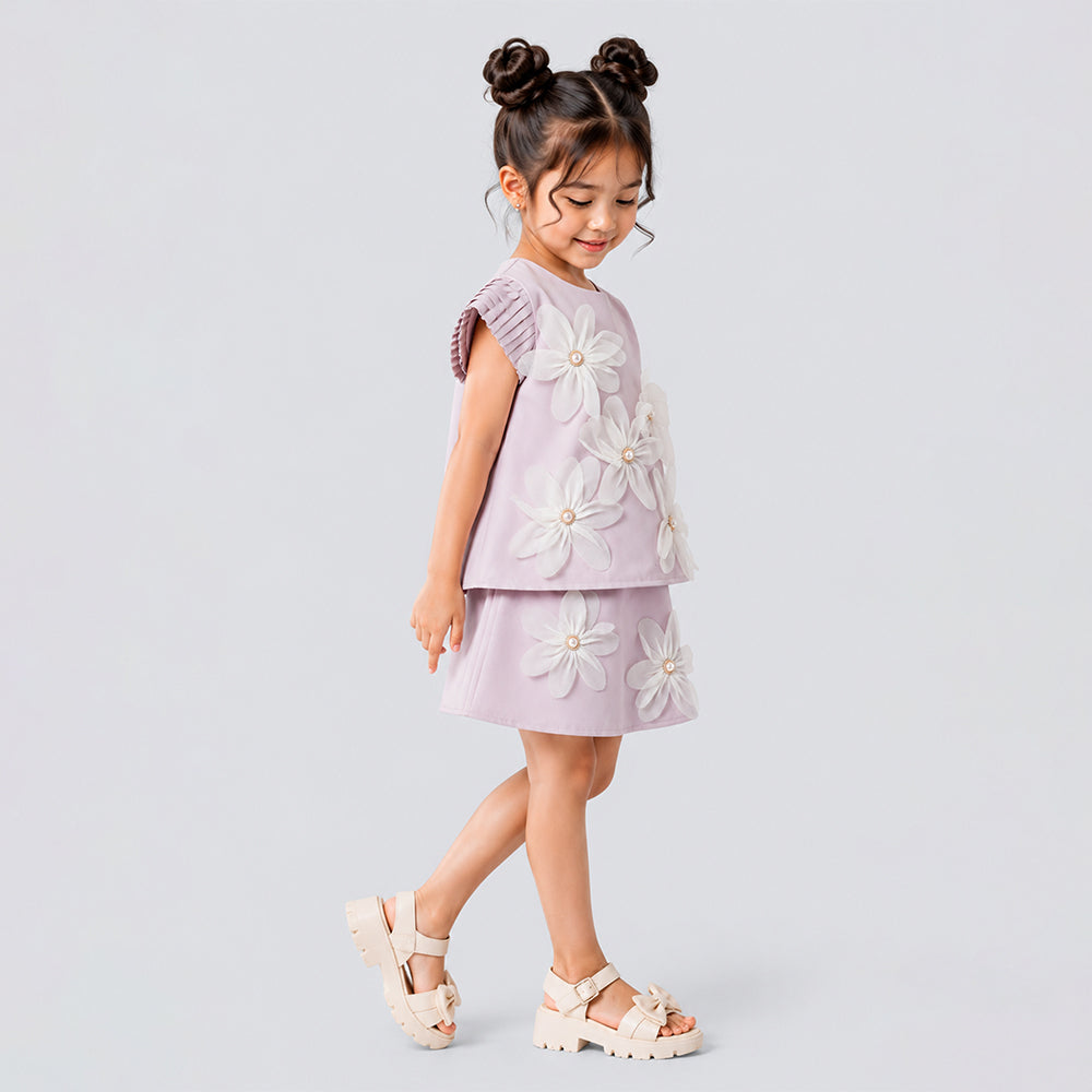 Peach 3D Floral Top & Skirt Partywear 2 Pcs Set for Girls