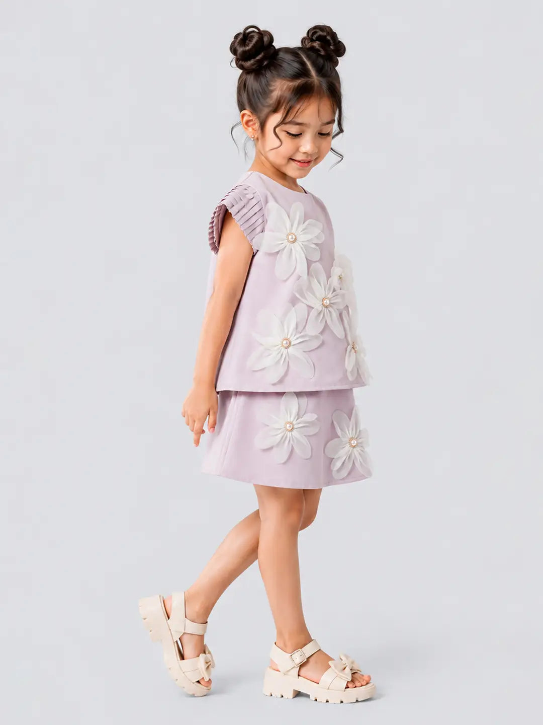 Peach 3D Floral Top & Skirt Partywear 2 Pcs Set for Girls