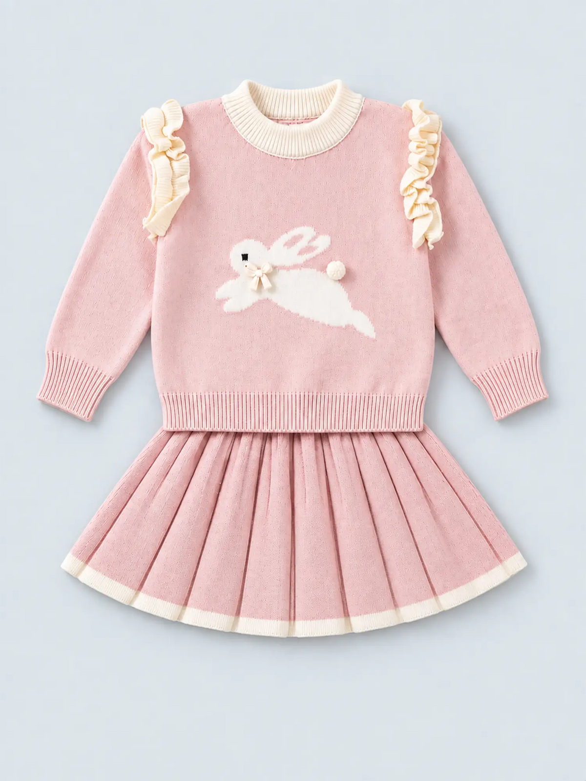 Peach Bunny Sweater & Pleated Skirt, Winterwear 2 Pcs Set for Girls