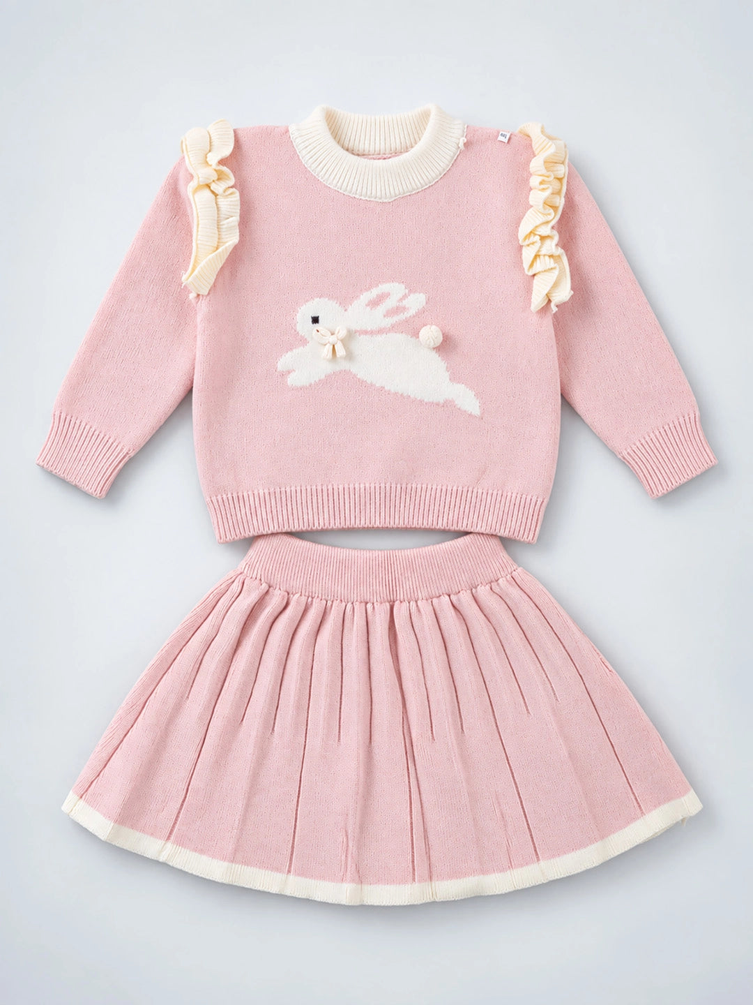 Peach Bunny Sweater & Pleated Skirt, Winterwear 2 Pcs Set for Girls
