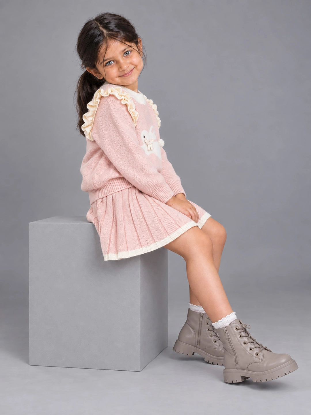 Peach Bunny Sweater & Pleated Skirt, Winterwear 2 Pcs Set for Girls