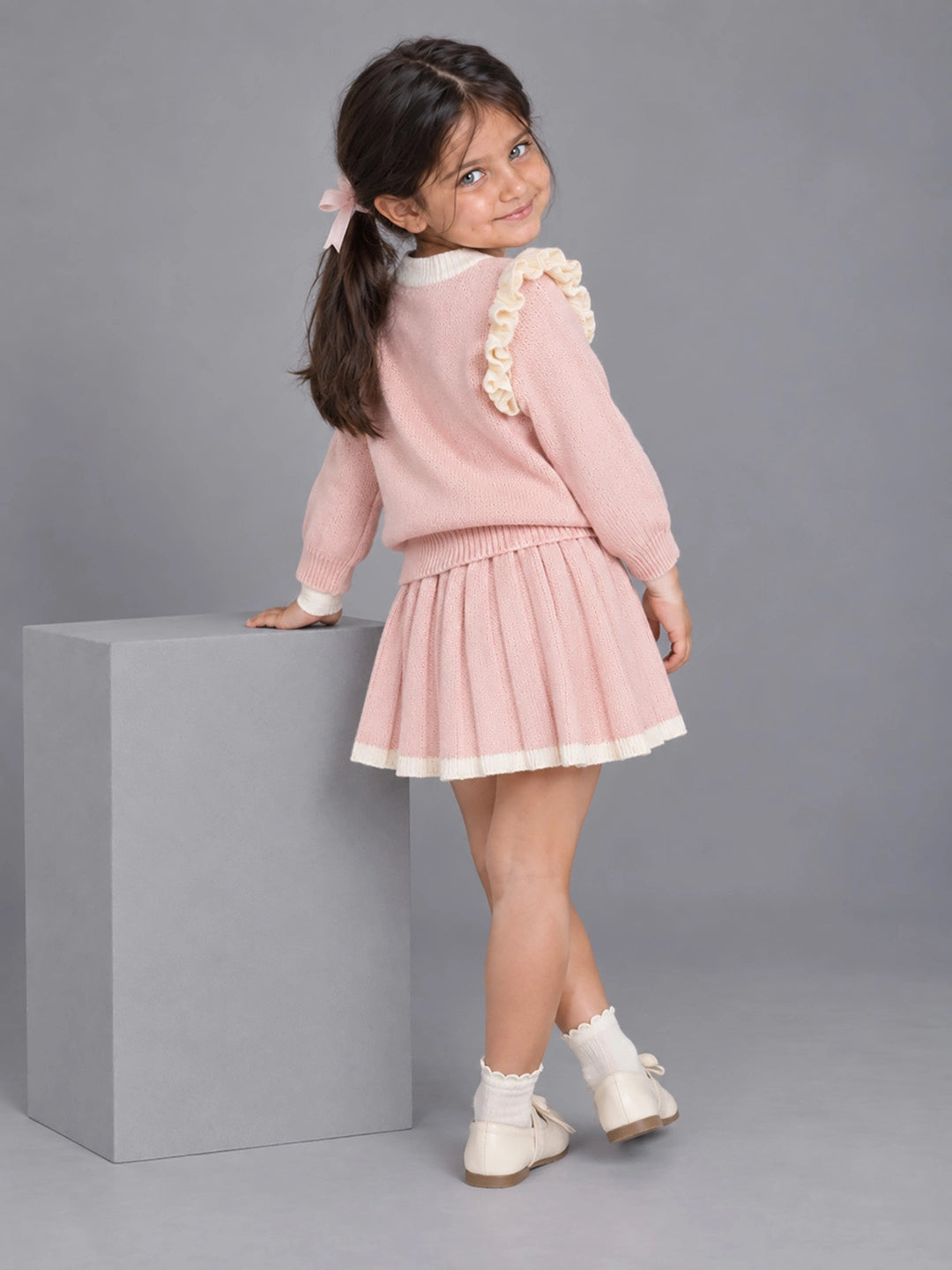 Peach Bunny Sweater & Pleated Skirt, Winterwear 2 Pcs Set for Girls