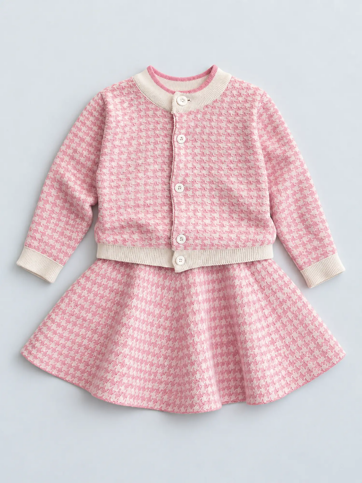 Pink Houndstooth 2 pcs Cardigan & skirt Winterwear set for Girls
