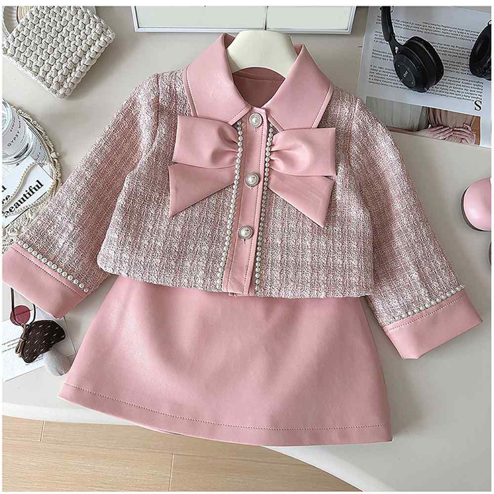 Pink Big Bow Tweed and Leatherette Style 2 pcs, Jacket and Skirt Winterwear set for Girls