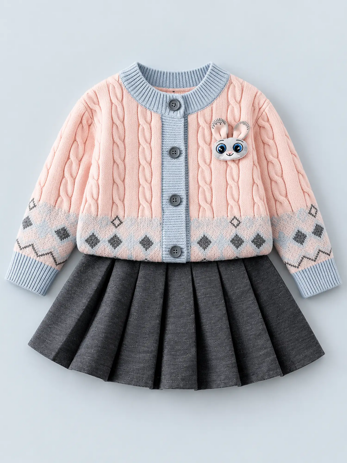 Pink-Blue Cardigan and Grey Pleated Skirt Winterwear 2Pcs set for Girls