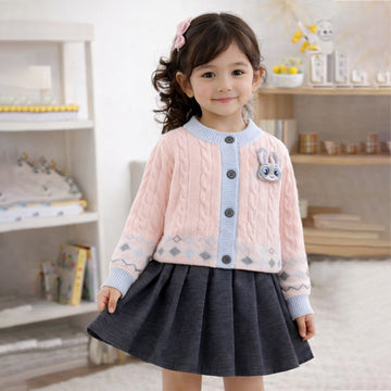 Pink-Blue Cardigan and Grey Pleated Skirt Winterwear 2Pcs set for Girls