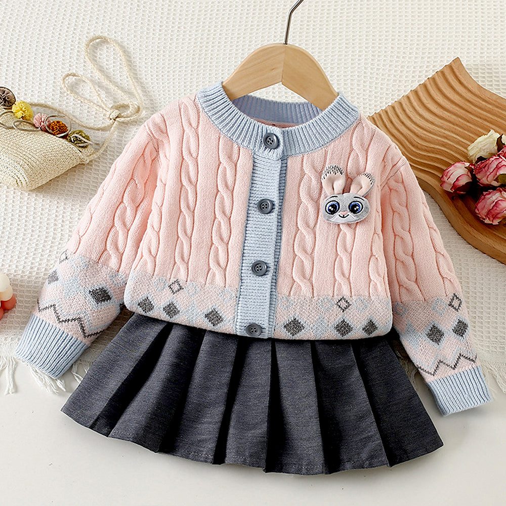 Pink-Blue Cardigan and Grey Pleated Skirt Winterwear 2Pcs set for Girls