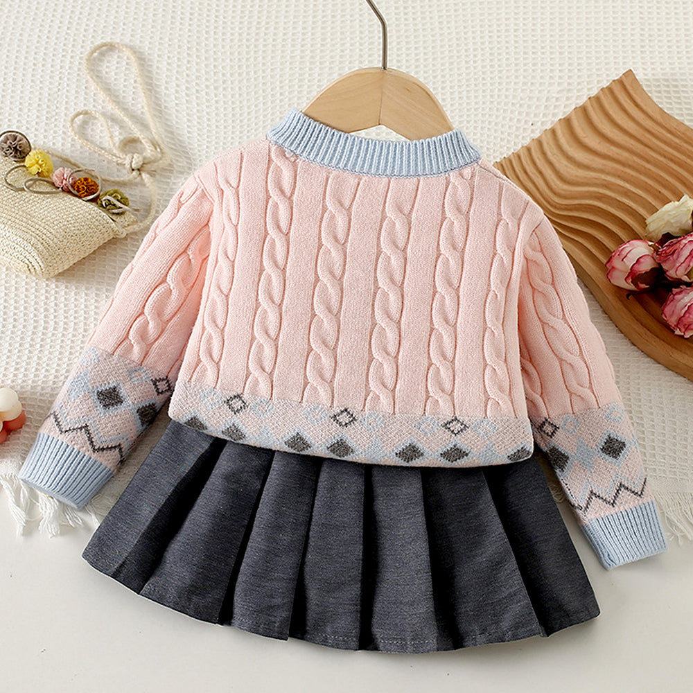 Pink-Blue Cardigan and Grey Pleated Skirt Winterwear 2Pcs set for Girls
