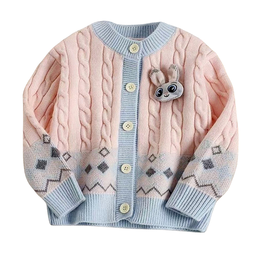 Pink-Blue Cardigan and Grey Pleated Skirt Winterwear 2Pcs set for Girls