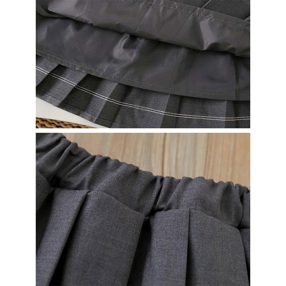 Pink-Blue Cardigan and Grey Pleated Skirt Winterwear 2Pcs set for Girls