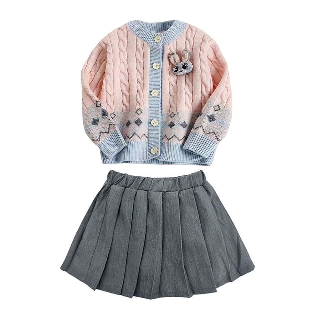 Pink-Blue Cardigan and Grey Pleated Skirt Winterwear 2Pcs set for Girls