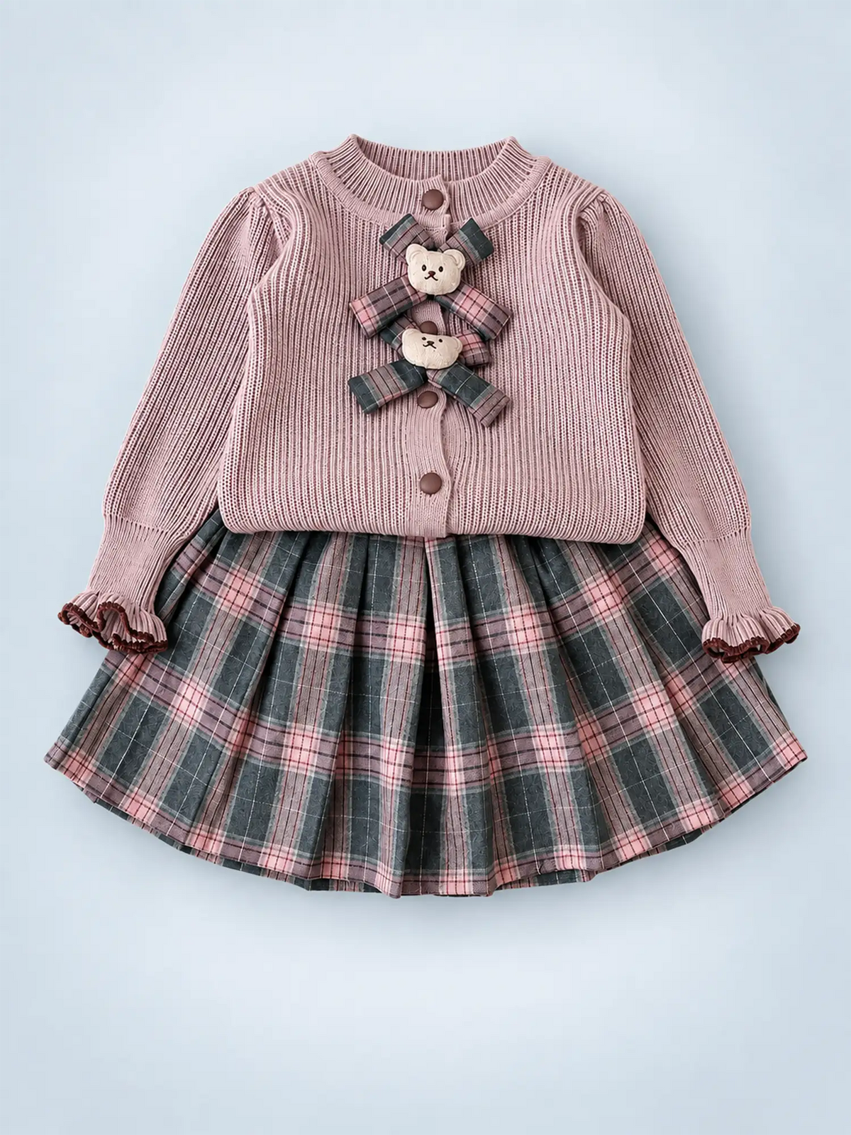 2 pcs Pink checks cardigan and Skirt Winter wear 2 matching Teddy Clips