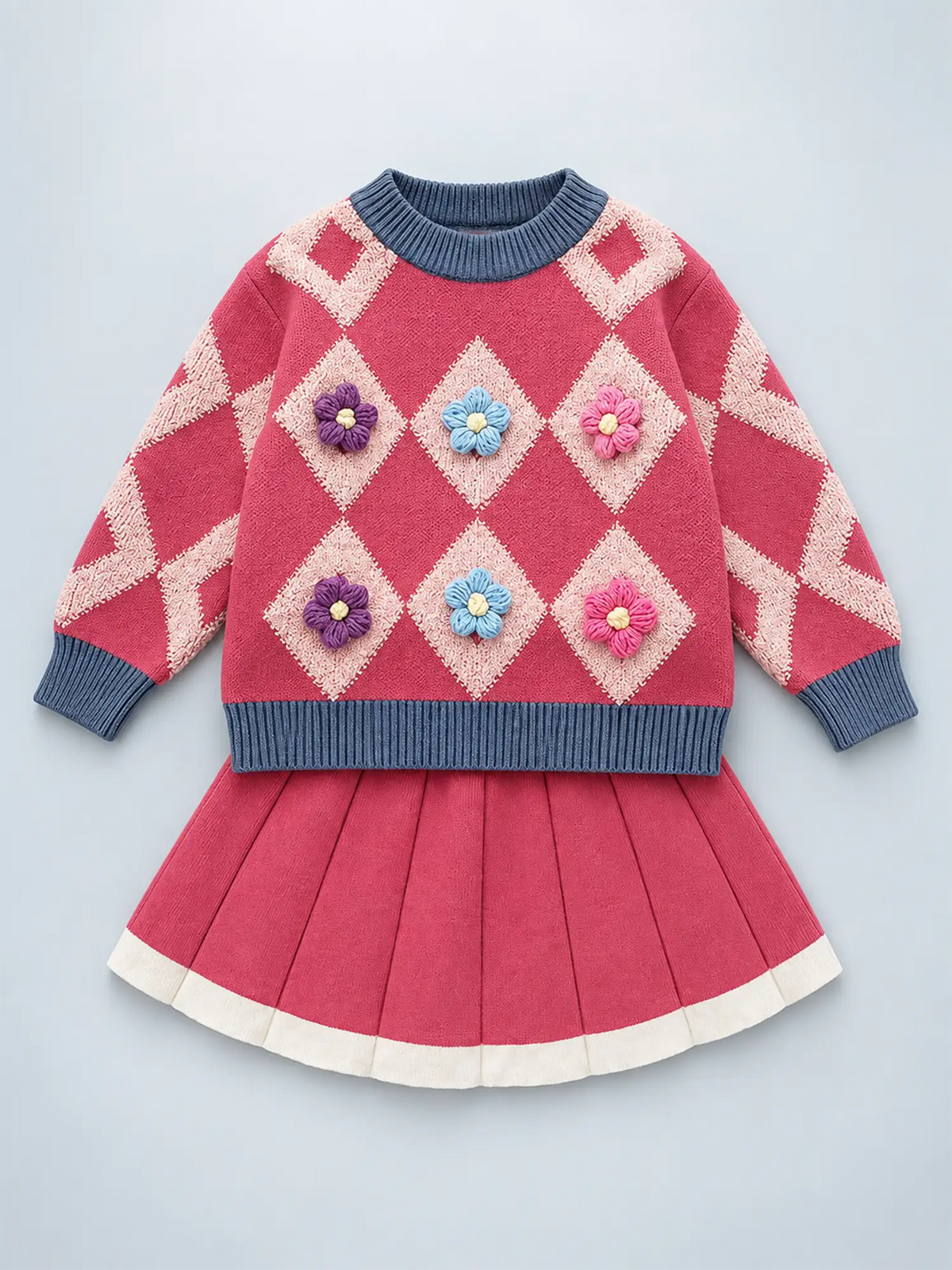 2 pcs Pink Diamond Floral Cardigan and Skirt Winter wear set