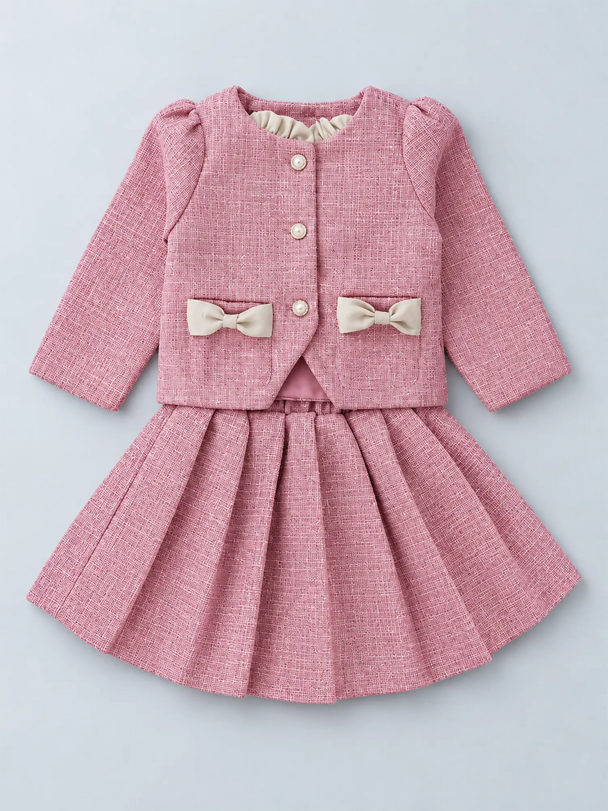 Pink Dual Bow Tweed style 2 pcs, Skirt and Top Winterwear set for Girls.