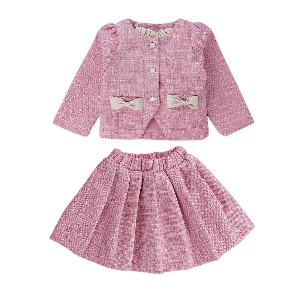 Pink Dual Bow Tweed style 2 pcs, Skirt and Top Winterwear set for Girls.