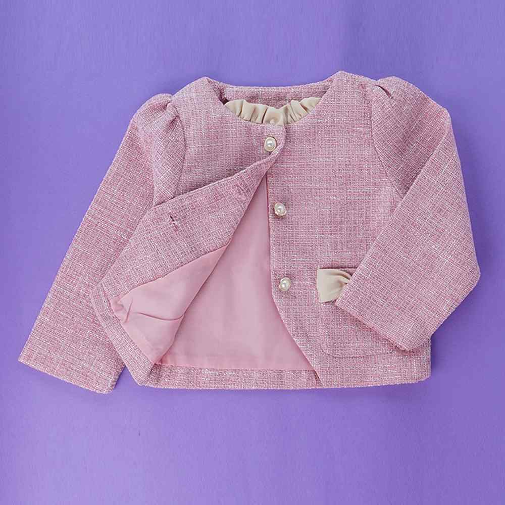 Pink Dual Bow Tweed style 2 pcs, Skirt and Top Winterwear set for Girls.
