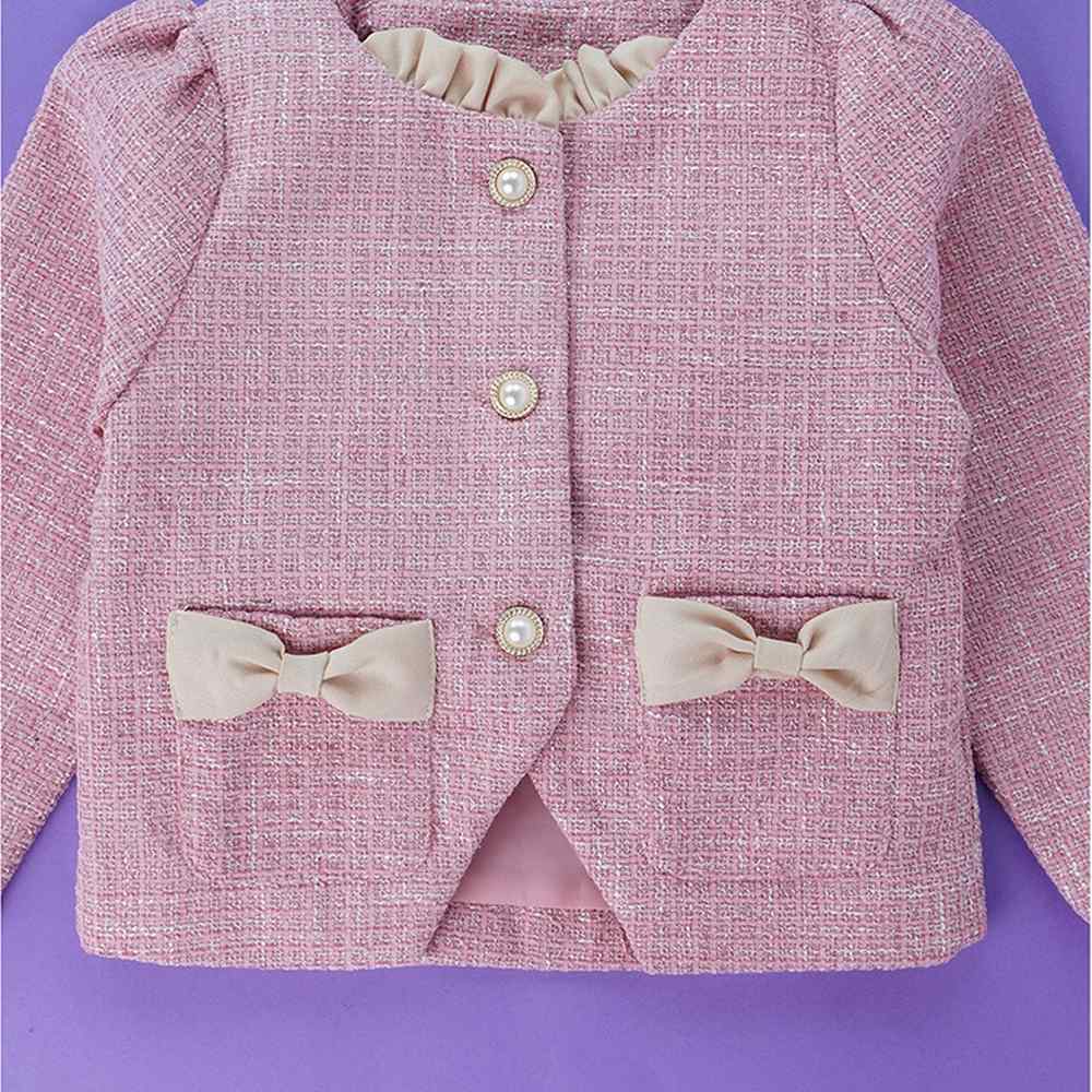 Pink Dual Bow Tweed style 2 pcs, Skirt and Top Winterwear set for Girls.
