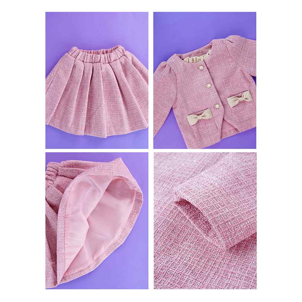 Pink Dual Bow Tweed style 2 pcs, Skirt and Top Winterwear set for Girls.
