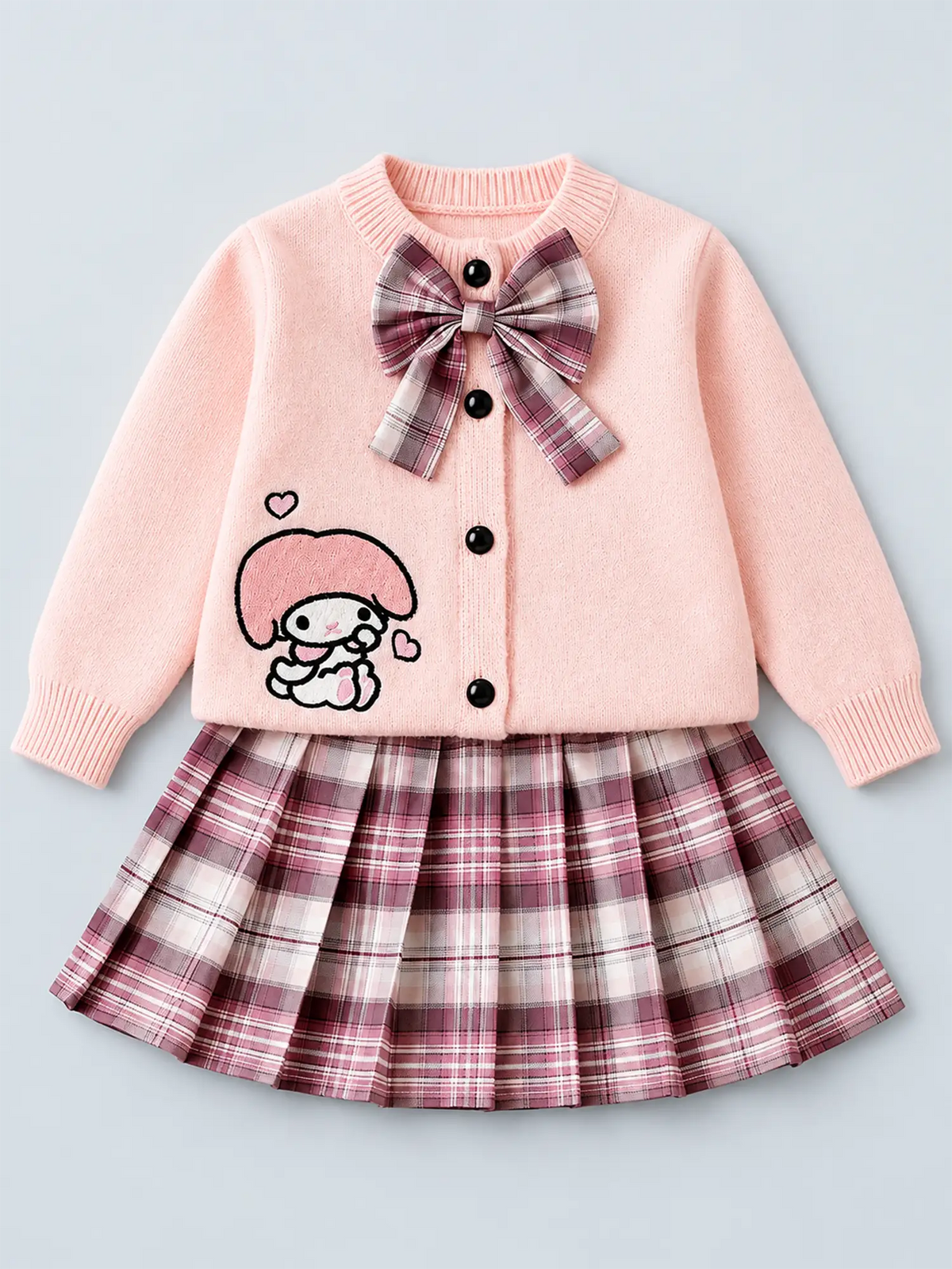 Pink Lil Bow cardigan & Checked Skirt, Winterwear, 2Pcs set for Girls