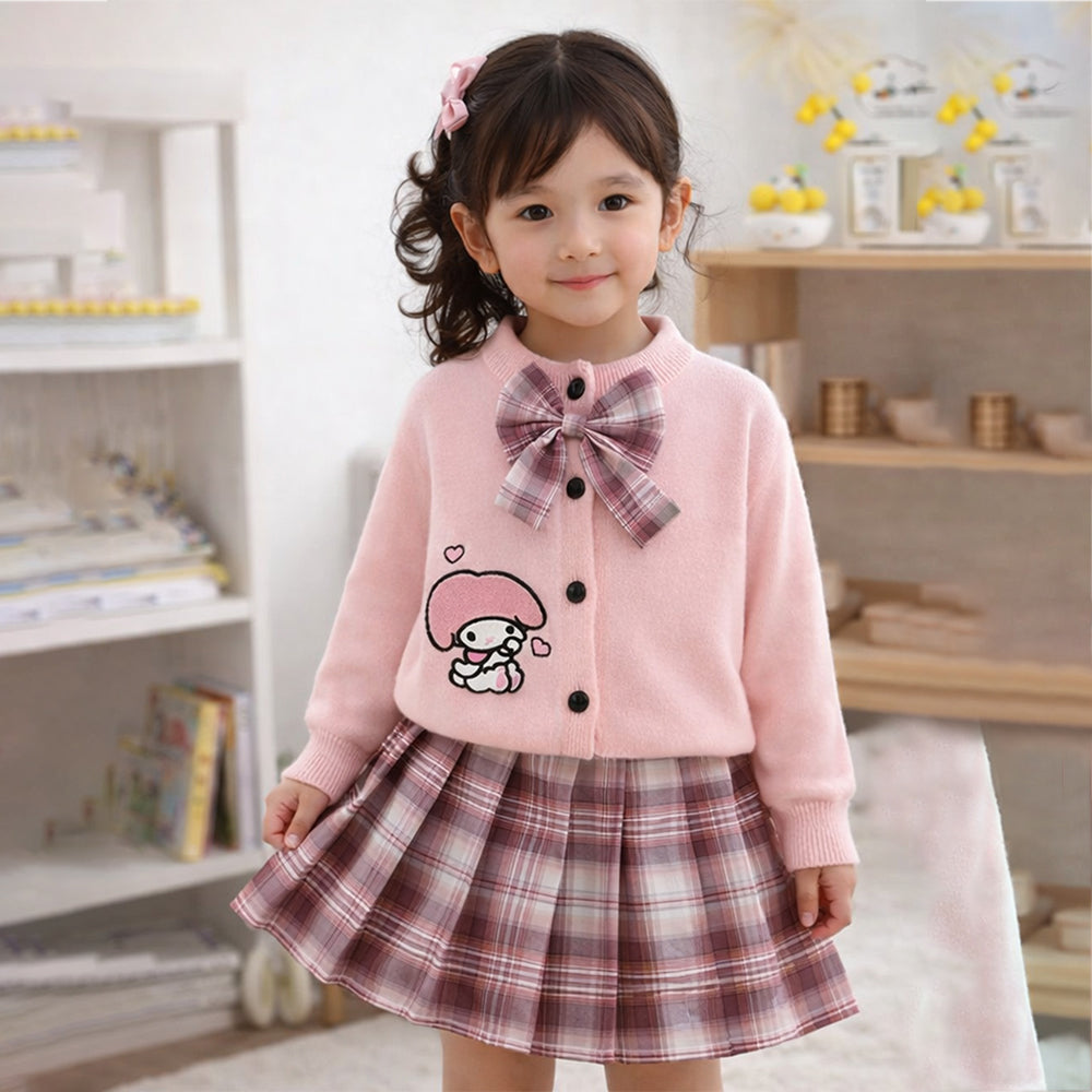 Pink Lil Bow cardigan & Checked Skirt, Winterwear, 2Pcs set for Girls