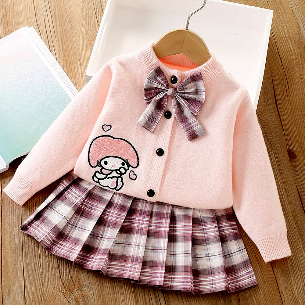 Pink Lil Bow cardigan & Checked Skirt, Winterwear, 2Pcs set for Girls