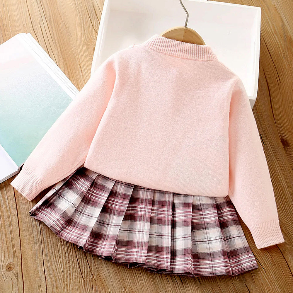Pink Lil Bow cardigan & Checked Skirt, Winterwear, 2Pcs set for Girls