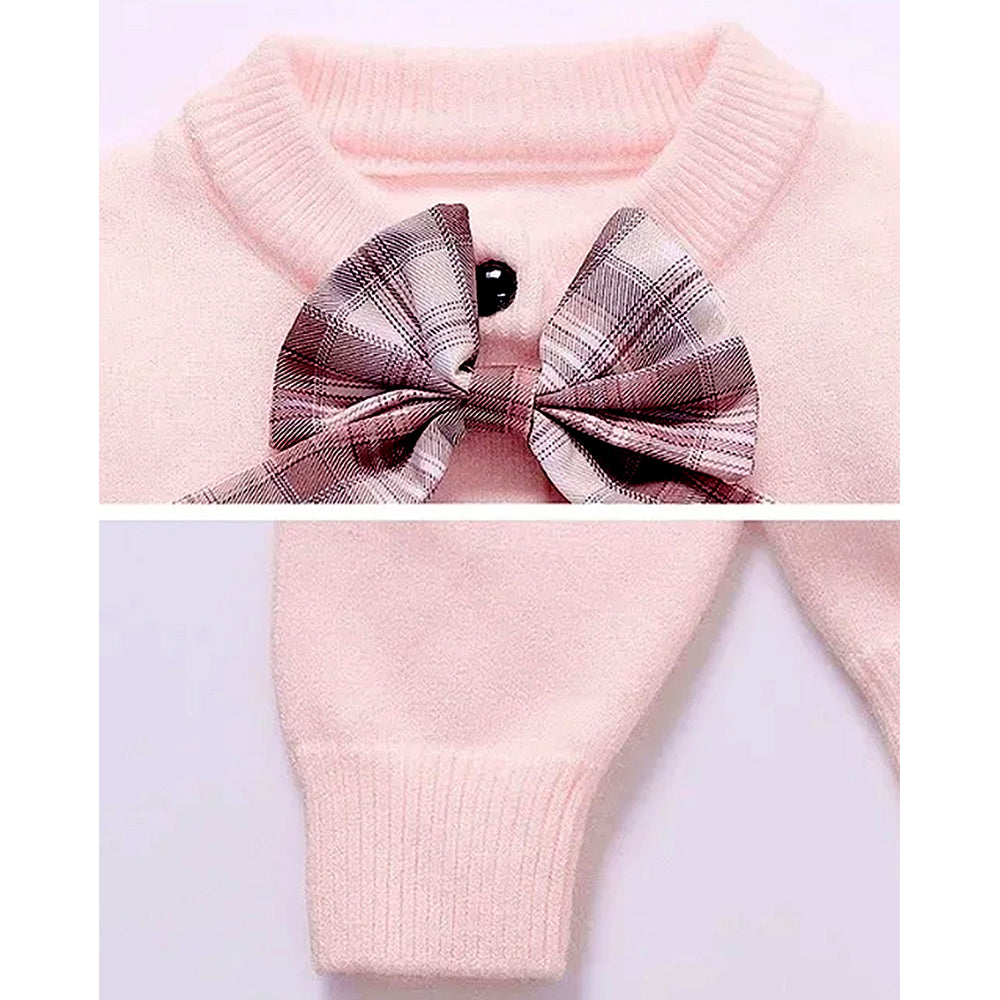 Pink Lil Bow cardigan & Checked Skirt, Winterwear, 2Pcs set for Girls