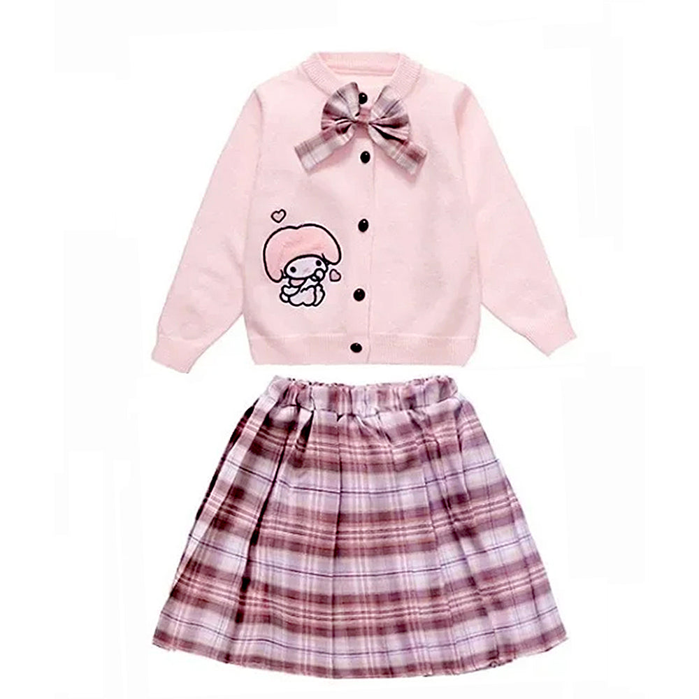 Pink Lil Bow cardigan & Checked Skirt, Winterwear, 2Pcs set for Girls