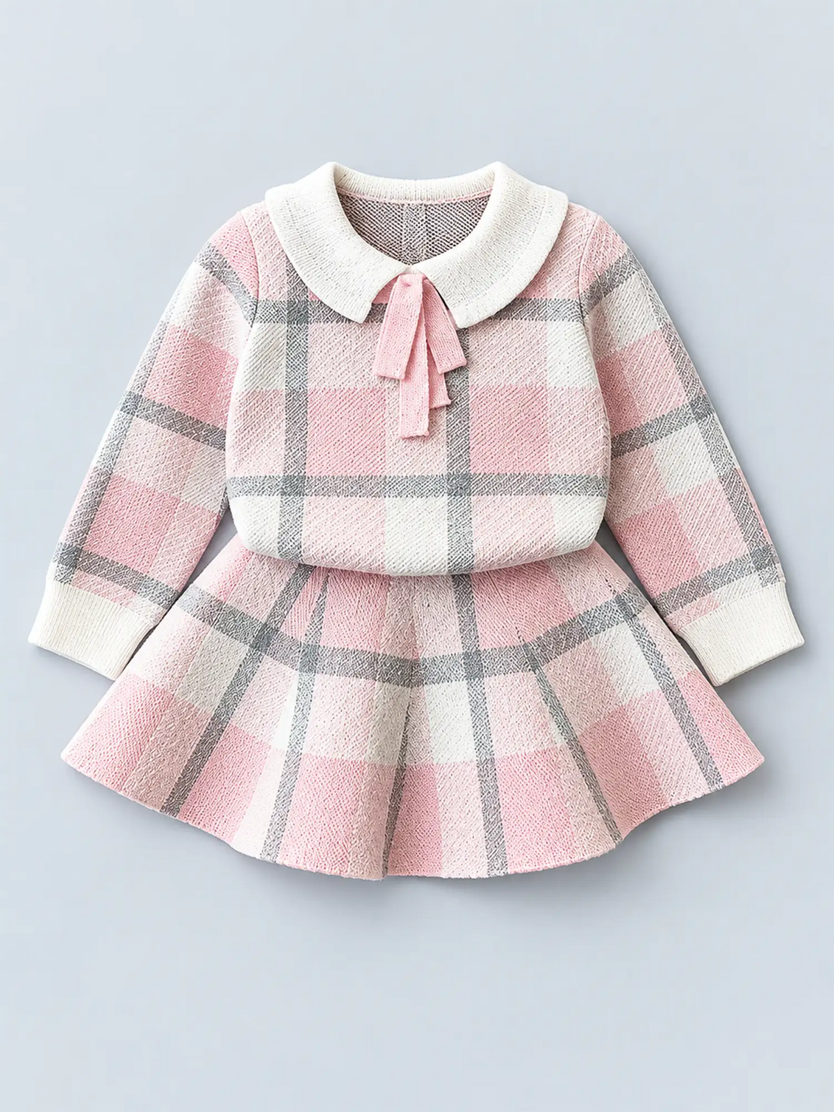 Pink Plaid Peter Pan collar  2 pcs sweatshirt & Skirt Winterwear set for Girls