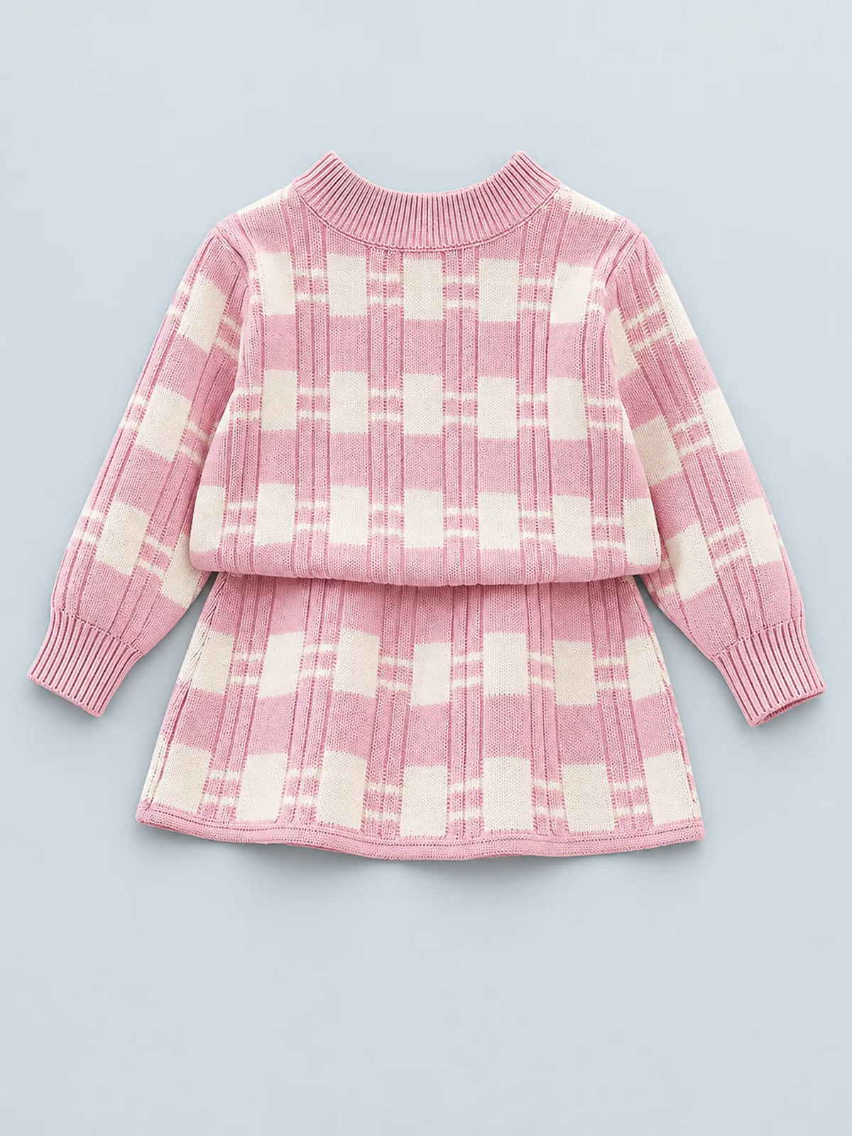 Pink & White Checkered Pull over style 2 pcs top & Skirt Winterwear set for Girls