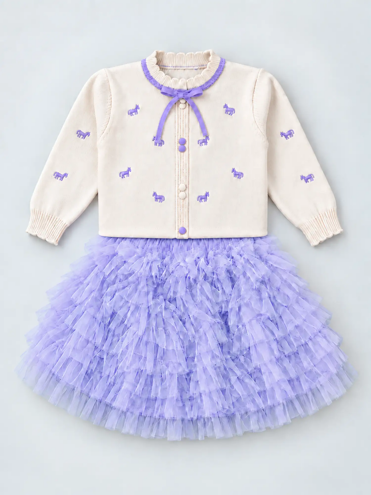 Ivory Horse Sweater & Purple Ruffle Skirt with Detachable Bow Clip, Winterwear 2 Pcs Set for Girls