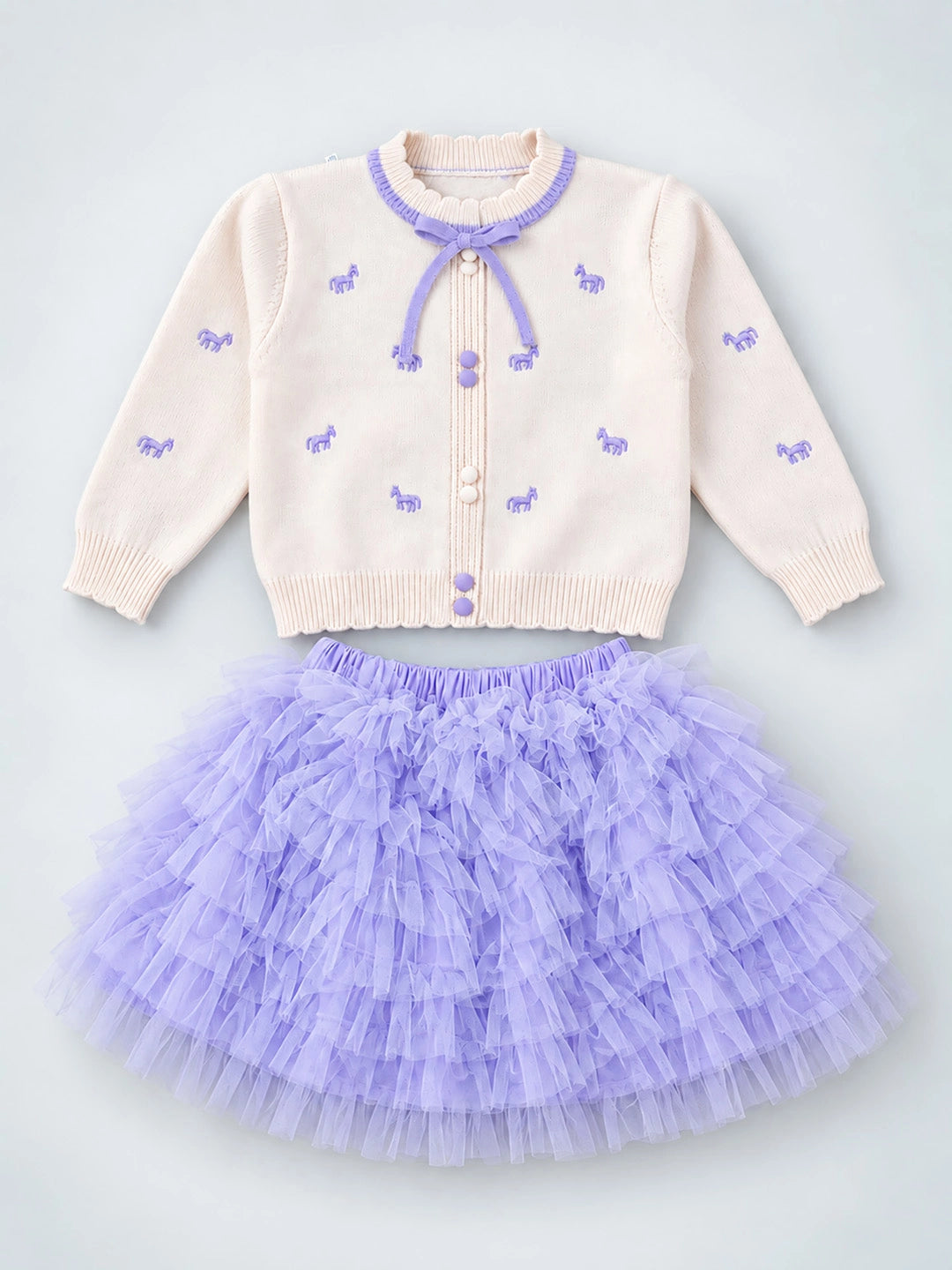 Ivory Horse Sweater & Purple Ruffle Skirt with Detachable Bow Clip, Winterwear 2 Pcs Set for Girls