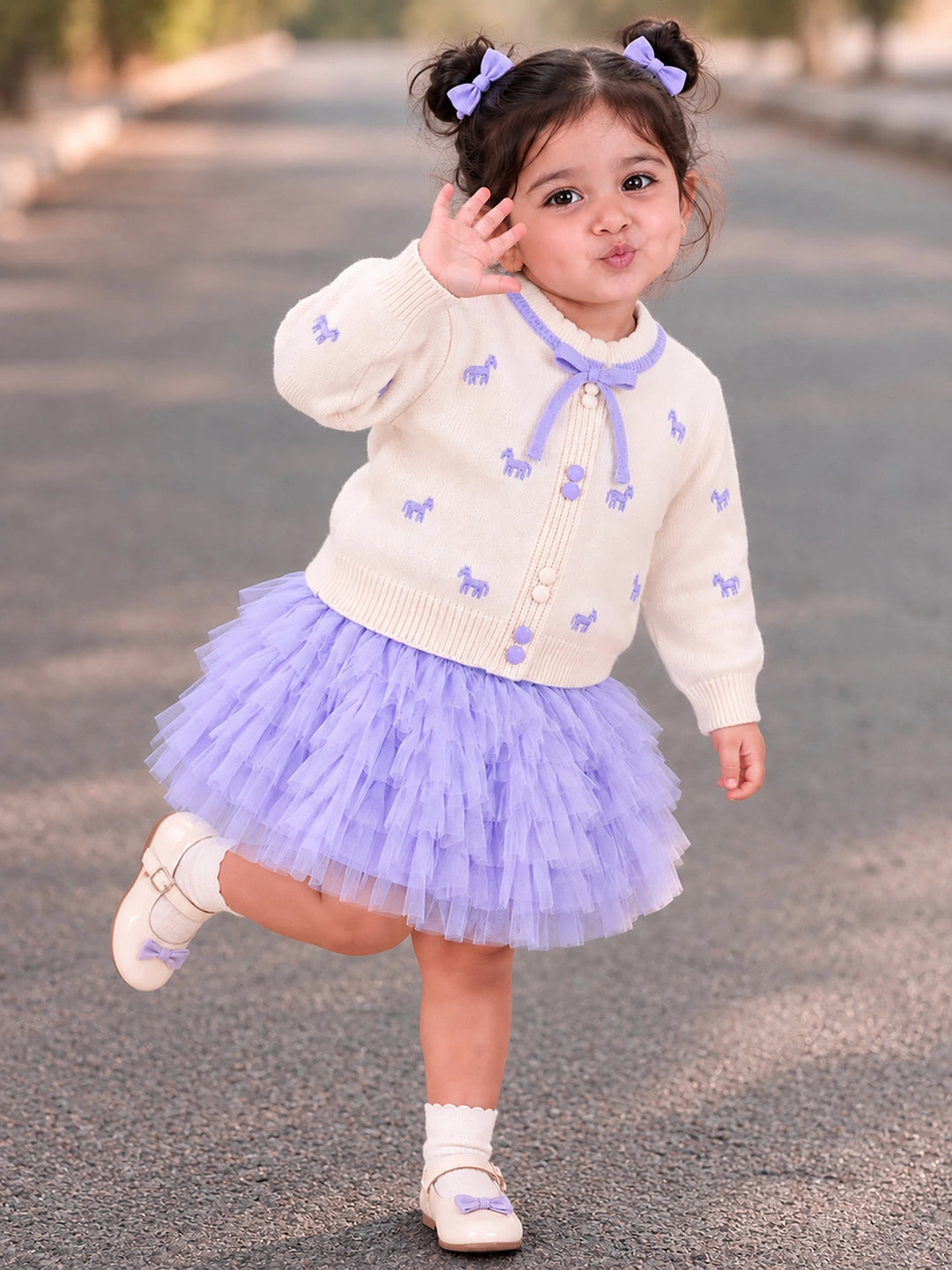 Ivory Horse Sweater & Purple Ruffle Skirt with Detachable Bow Clip, Winterwear 2 Pcs Set for Girls