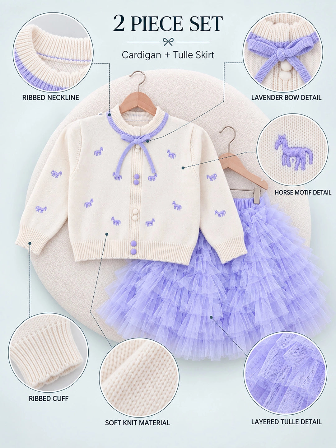 Ivory Horse Sweater & Purple Ruffle Skirt with Detachable Bow Clip, Winterwear 2 Pcs Set for Girls