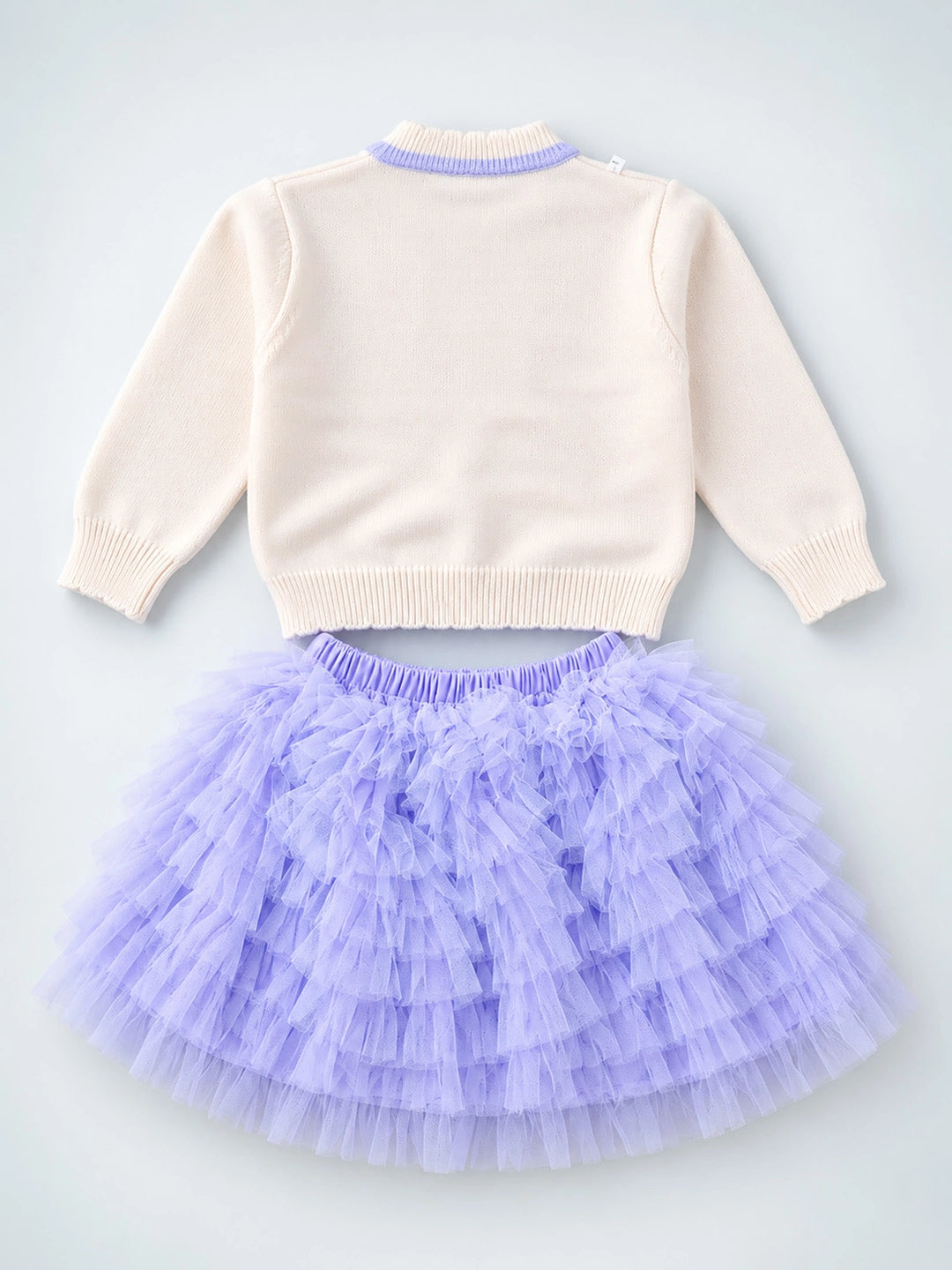 Ivory Horse Sweater & Purple Ruffle Skirt with Detachable Bow Clip, Winterwear 2 Pcs Set for Girls