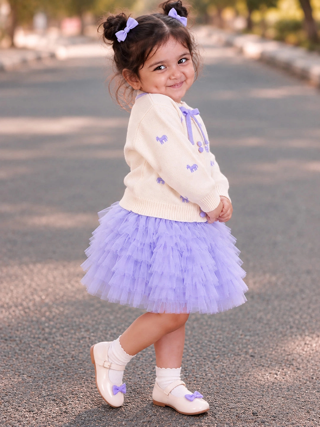Ivory Horse Sweater & Purple Ruffle Skirt with Detachable Bow Clip, Winterwear 2 Pcs Set for Girls