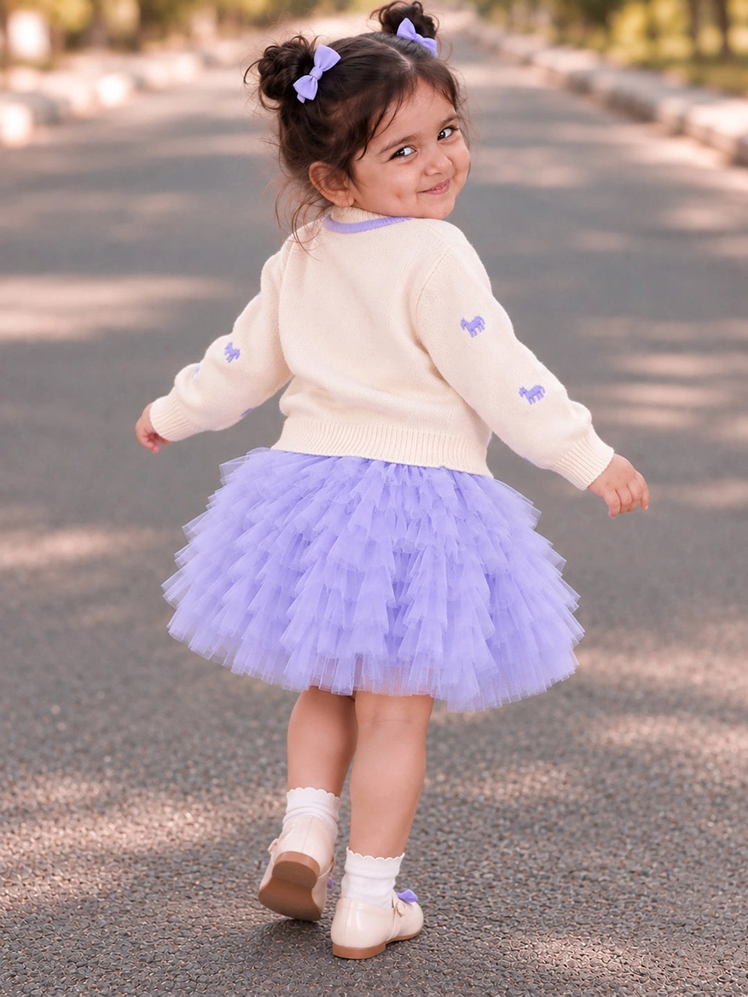 Ivory Horse Sweater & Purple Ruffle Skirt with Detachable Bow Clip, Winterwear 2 Pcs Set for Girls