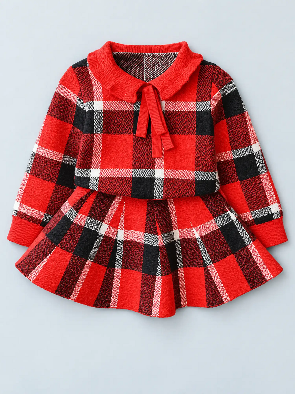 Red Plaid Peter Pan collar  2 pcs sweatshirt & Skirt Winterwear set for Girls
