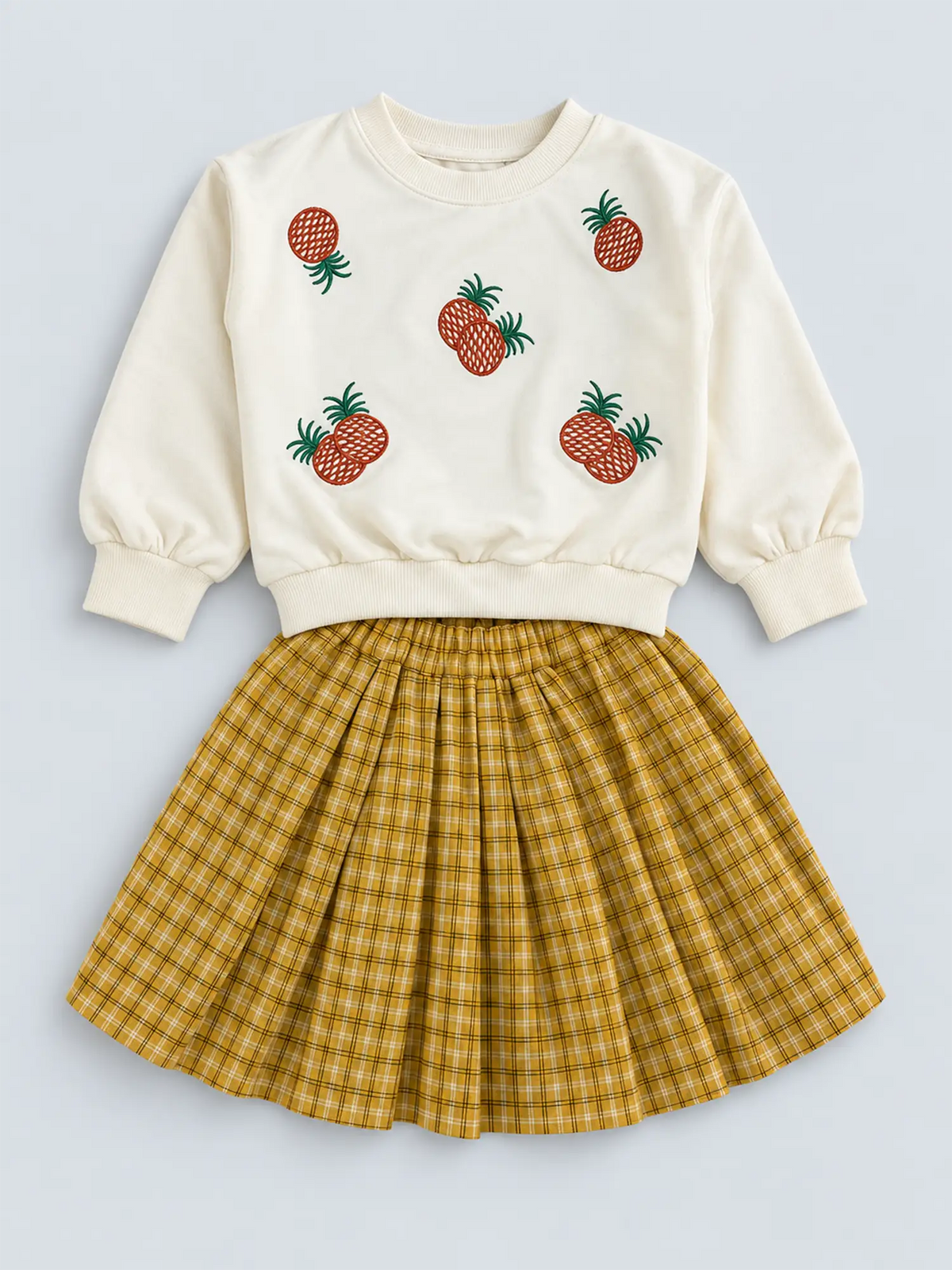 2 pcs White Pineapple Sweatshirt, Skirt Winterwear set for Girls