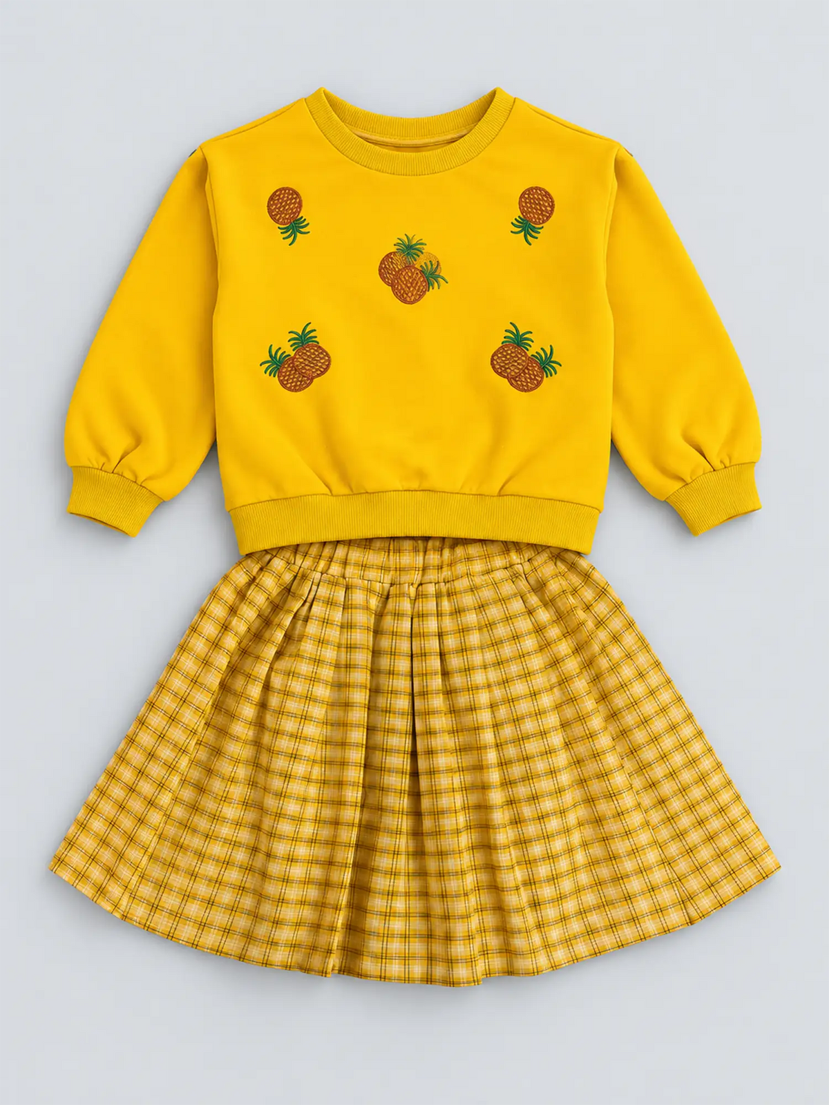 2 pcs Yellow Pineapple Sweatshirt, Skirt Winterwear set for Girls