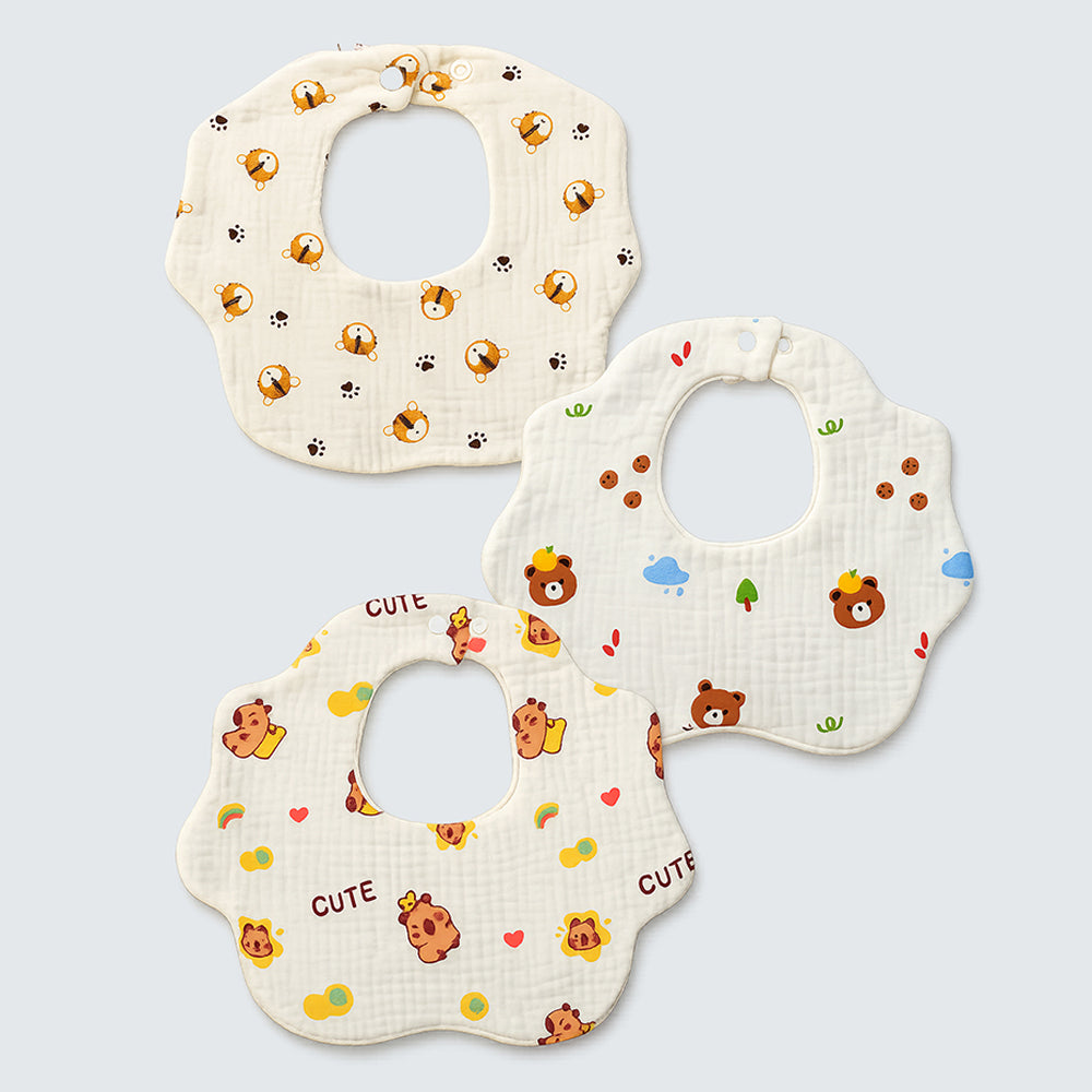 3PCS Set cream multi Print Soft Muslin Adjustable Button Closure & Wide Shoulder Size Bibs