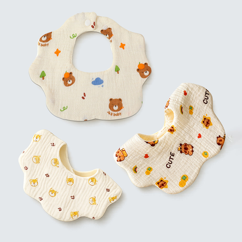 3PCS Set cream multi Print Soft Muslin Adjustable Button Closure & Wide Shoulder Size Bibs