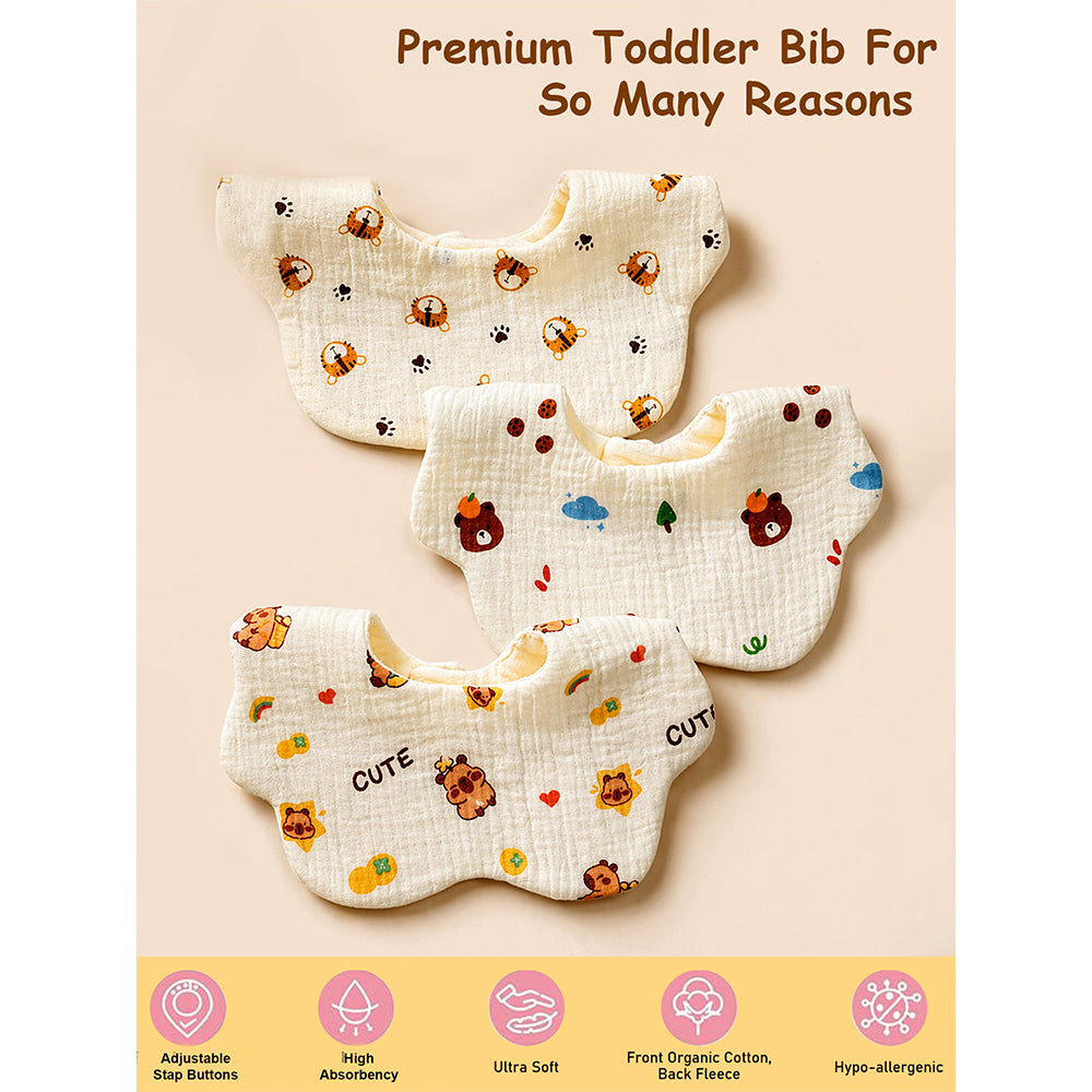 3PCS Set cream multi Print Soft Muslin Adjustable Button Closure & Wide Shoulder Size Bibs