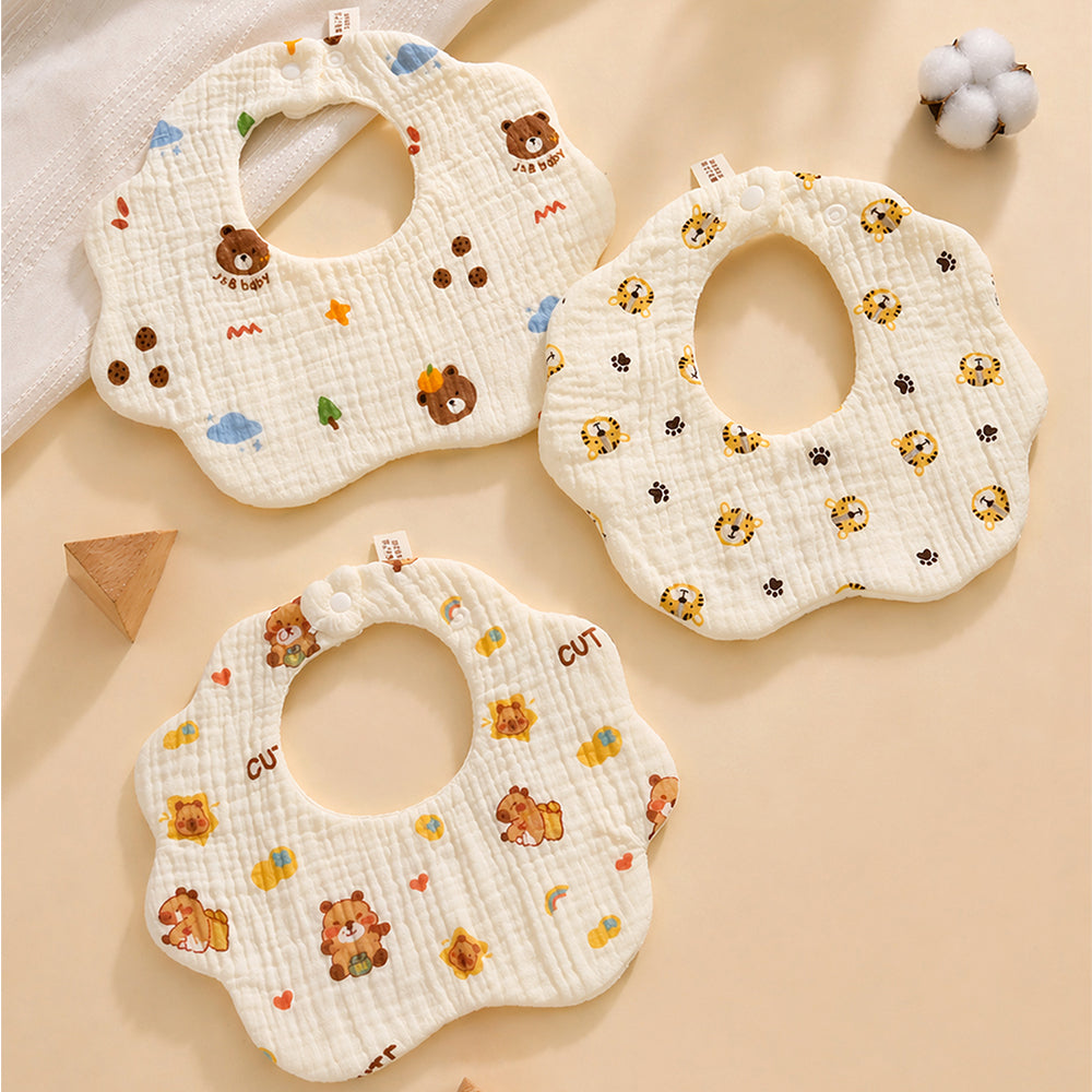 3PCS Set cream multi Print Soft Muslin Adjustable Button Closure & Wide Shoulder Size Bibs