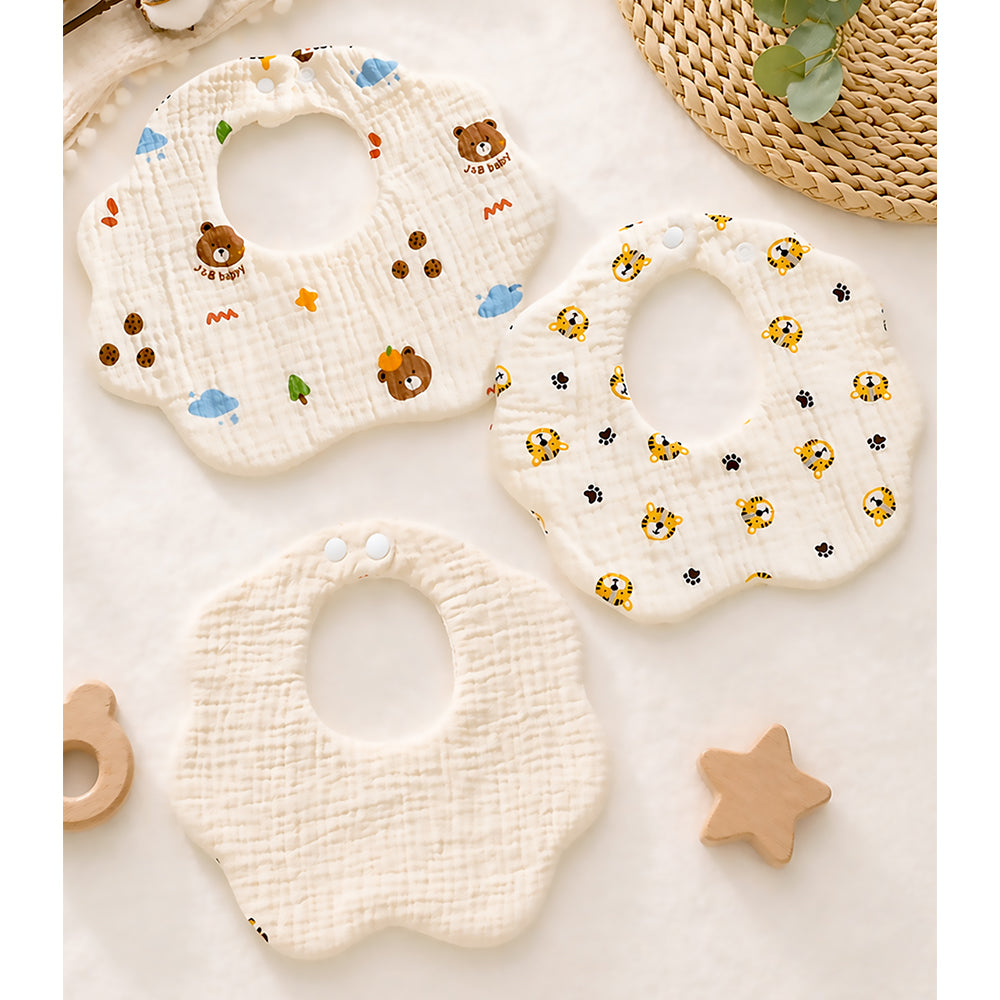 3PCS Set cream multi Print Soft Muslin Adjustable Button Closure & Wide Shoulder Size Bibs