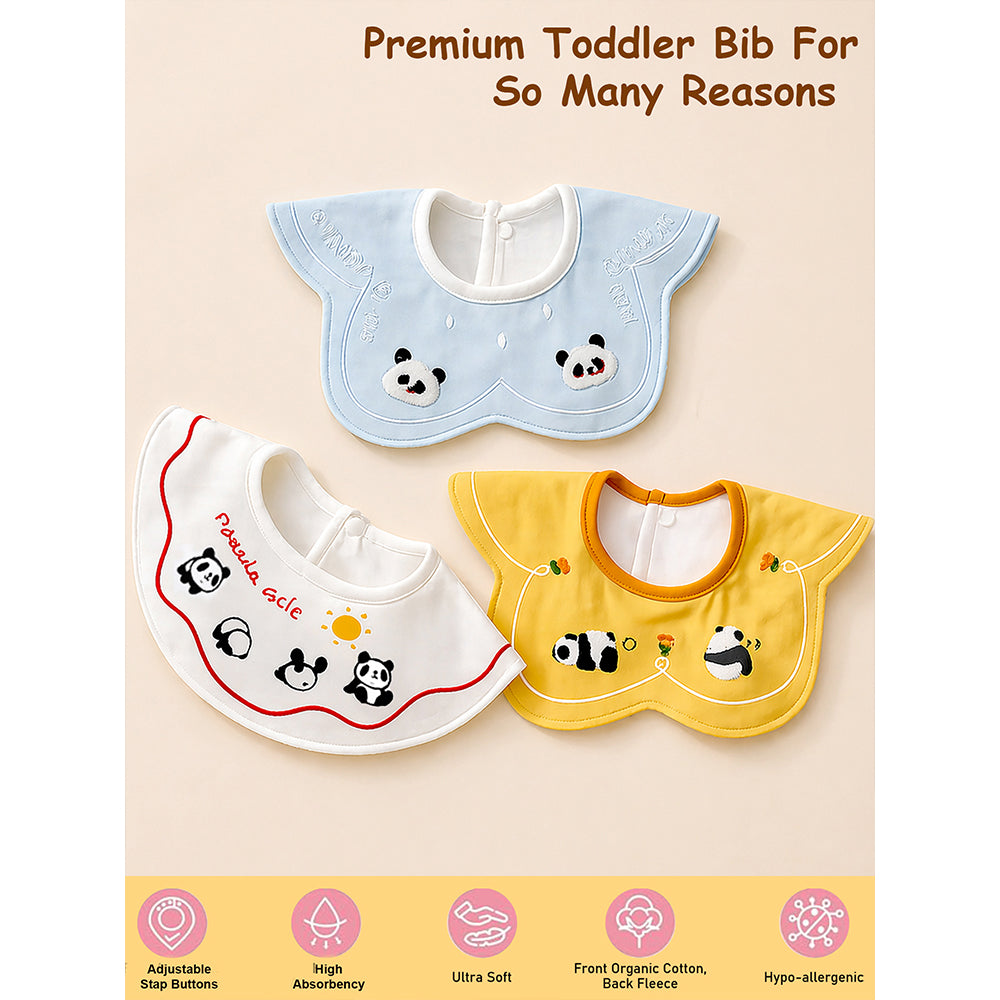 3PCS Set, Panda Print Premium Adjustable Button Closure & Wide Shoulder Size Bibs